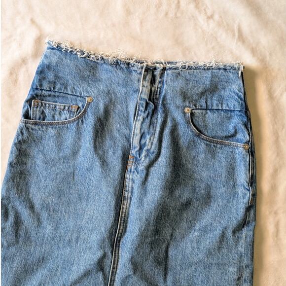 FRAME Blue Sea Cut Off Waist Denim Front Slit A-line Midi Maxi Skirt - Picture 4 of 11